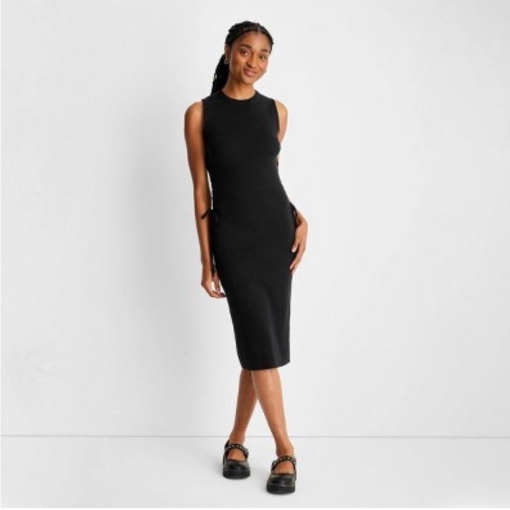 Future Collective NWT Women's S Black Soft Knit Side Tie Midi Sweater Dress
